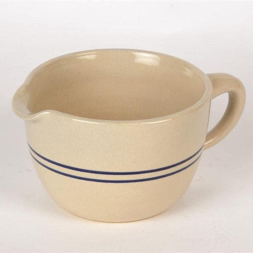 Handcrafted durable stoneware batter bowl with classic blue stripes and pouring spout, made in USA, ideal for Kitchen & Food, Cookware, Baking Supplies, and Best Sellers collections.