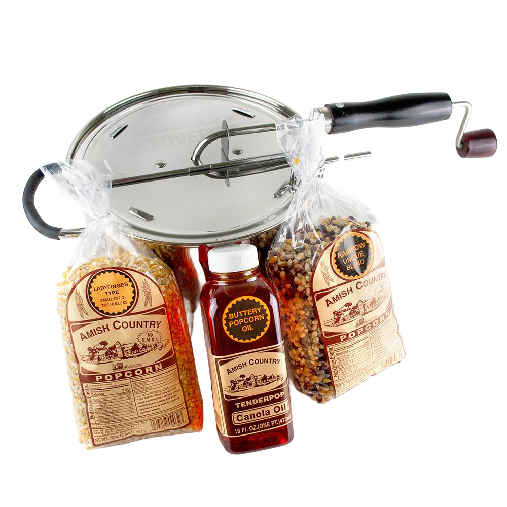 Handcrafted Amish made stovetop popcorn popper set with stainless steel pot, crank handle, two varieties of popcorn kernels, and buttery canola oil, perfect for Kitchen & Food and Snacks collections.