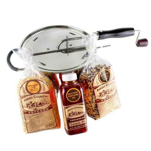 Handcrafted Amish made stovetop popcorn popper set with stainless steel pot, crank handle, two varieties of popcorn kernels, and buttery canola oil, perfect for Kitchen & Food and Snacks collections.