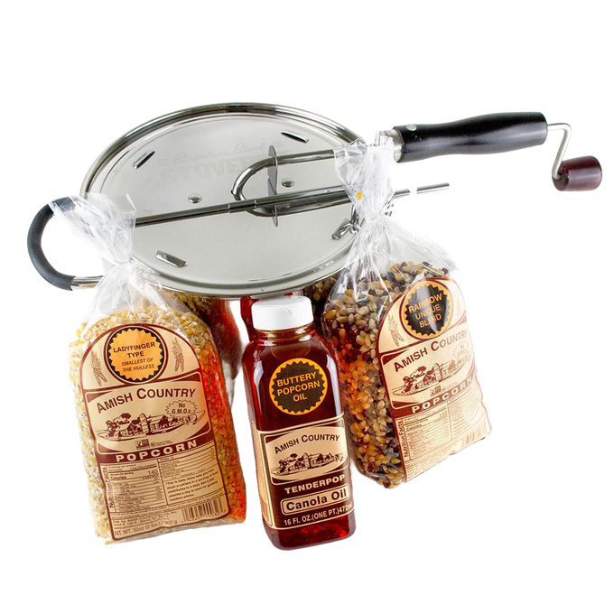 Handcrafted Amish made stovetop popcorn popper set with stainless steel pot, crank handle, two varieties of popcorn kernels, and buttery canola oil, perfect for Kitchen & Food and Snacks collections.
