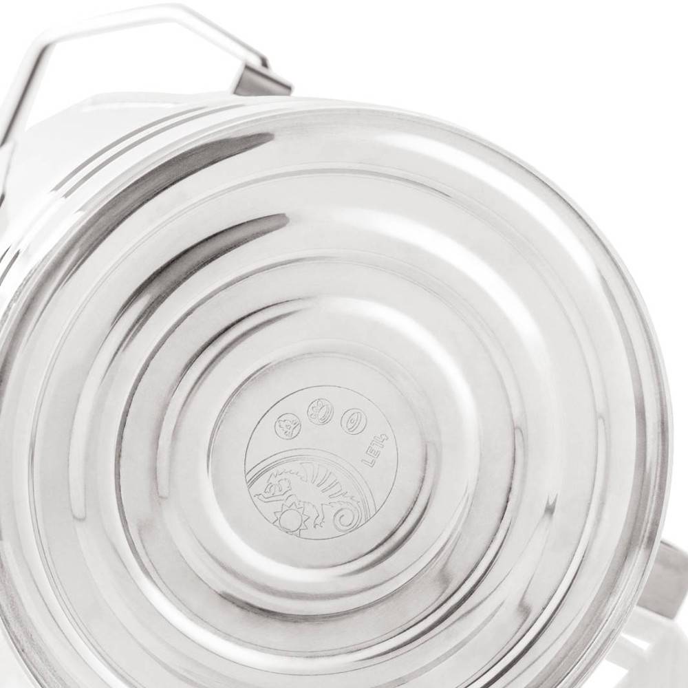 Top-down view of a polished stainless steel percolator lid with an embossed pattern and sturdy latch, designed for brewing coffee and tea, ideal for Camping, Kitchen & Food, and Farm, Garden & Tool collections.