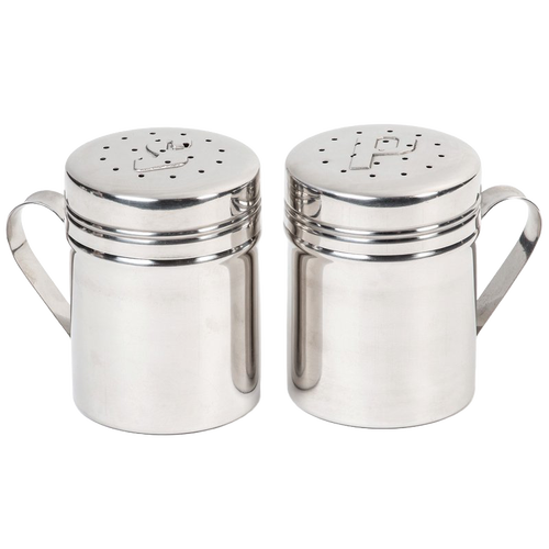 Pair of retro-style stainless steel shakers with handles, each holding 10 oz, designed for Kitchen & Food, Dinnerware, Best Sellers, and Promo Eligible collections.