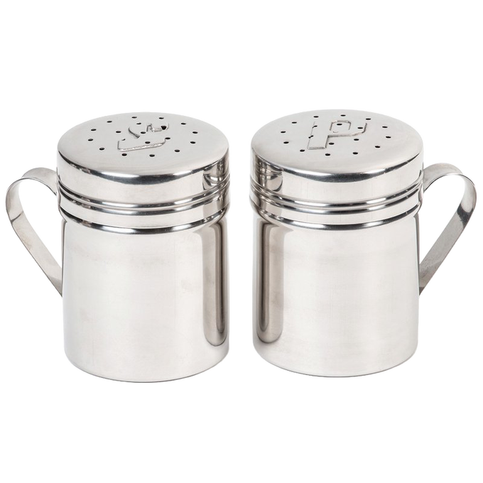 Pair of retro-style stainless steel shakers with handles, each holding 10 oz, designed for Kitchen & Food, Dinnerware, Best Sellers, and Promo Eligible collections.