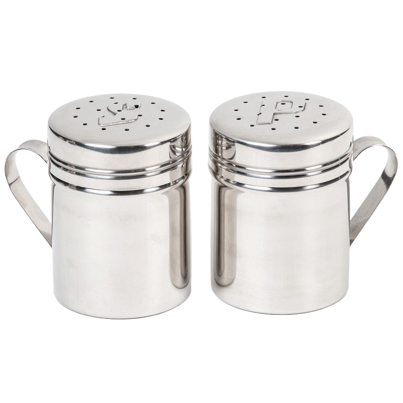 Pair of retro-style stainless steel shakers with handles, each holding 10 oz, designed for Kitchen & Food, Dinnerware, Best Sellers, and Promo Eligible collections.