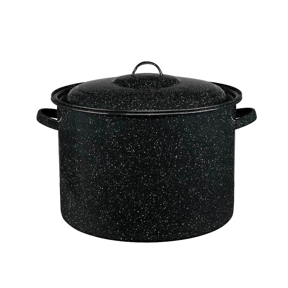 Large durable enamelware stockpot with black speckled finish and lid, crafted for even heating, ideal for Kitchen & Food, Cookware, Pots and Pans, Best Sellers, and Promo Eligible collections.