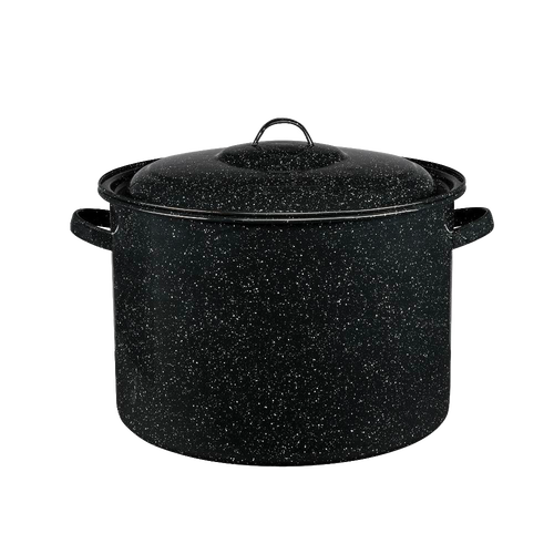 Large durable enamelware stockpot with black speckled finish and lid, crafted for even heating, ideal for Kitchen & Food, Cookware, Pots and Pans, Best Sellers, and Promo Eligible collections.