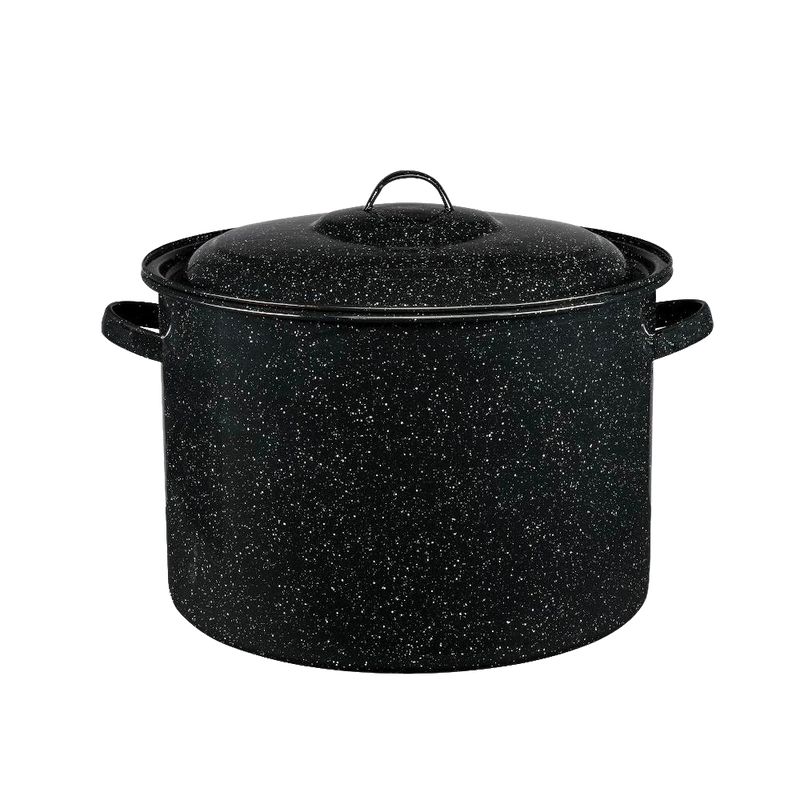 Large durable enamelware stockpot with black speckled finish and lid, crafted for even heating, ideal for Kitchen & Food, Cookware, Pots and Pans, Best Sellers, and Promo Eligible collections.