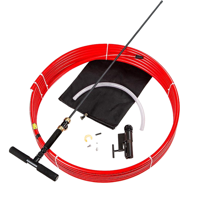 Slim hand pump with foam-grip handle, red coiled tubing, and assorted fittings, designed for deep well water access, part of USA Made, Farm, Garden & Tool, Emergency Supplies, and Water Pumps collections.