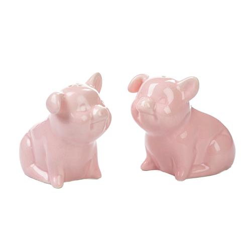 Pair of handcrafted porcelain pig salt and pepper shakers in glossy pink, featuring curly tails, perfect for Kitchen & Food, Dinnerware, and Best Sellers collections.