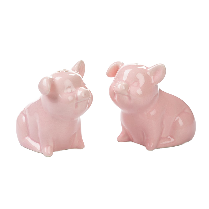 Pair of handcrafted porcelain pig salt and pepper shakers in glossy pink, featuring curly tails, perfect for Kitchen & Food, Dinnerware, and Best Sellers collections.