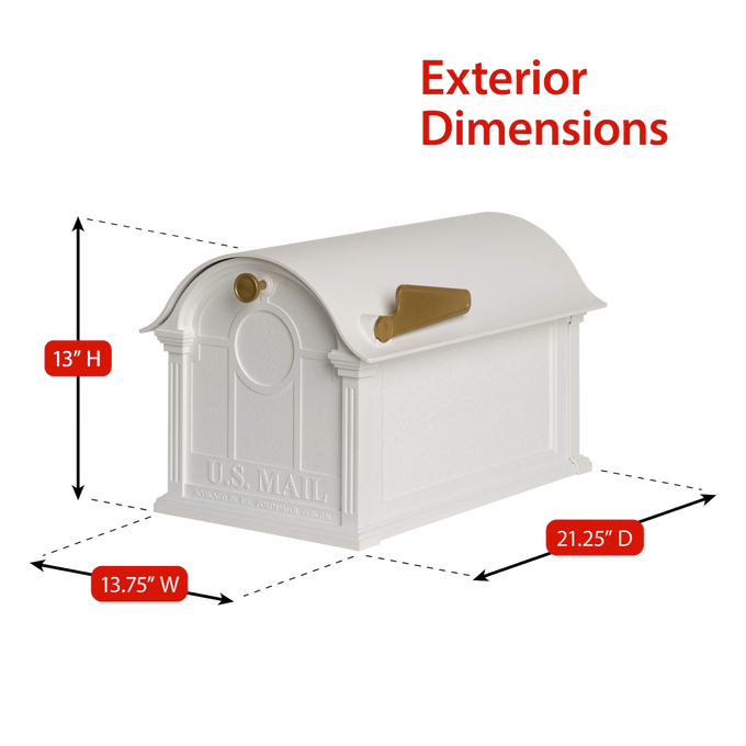 Handcrafted white and gold custom mailbox with post featuring classic Balmoral design, made in the USA, ideal for enhancing curb appeal in Home & Decor and Mailbox collections.