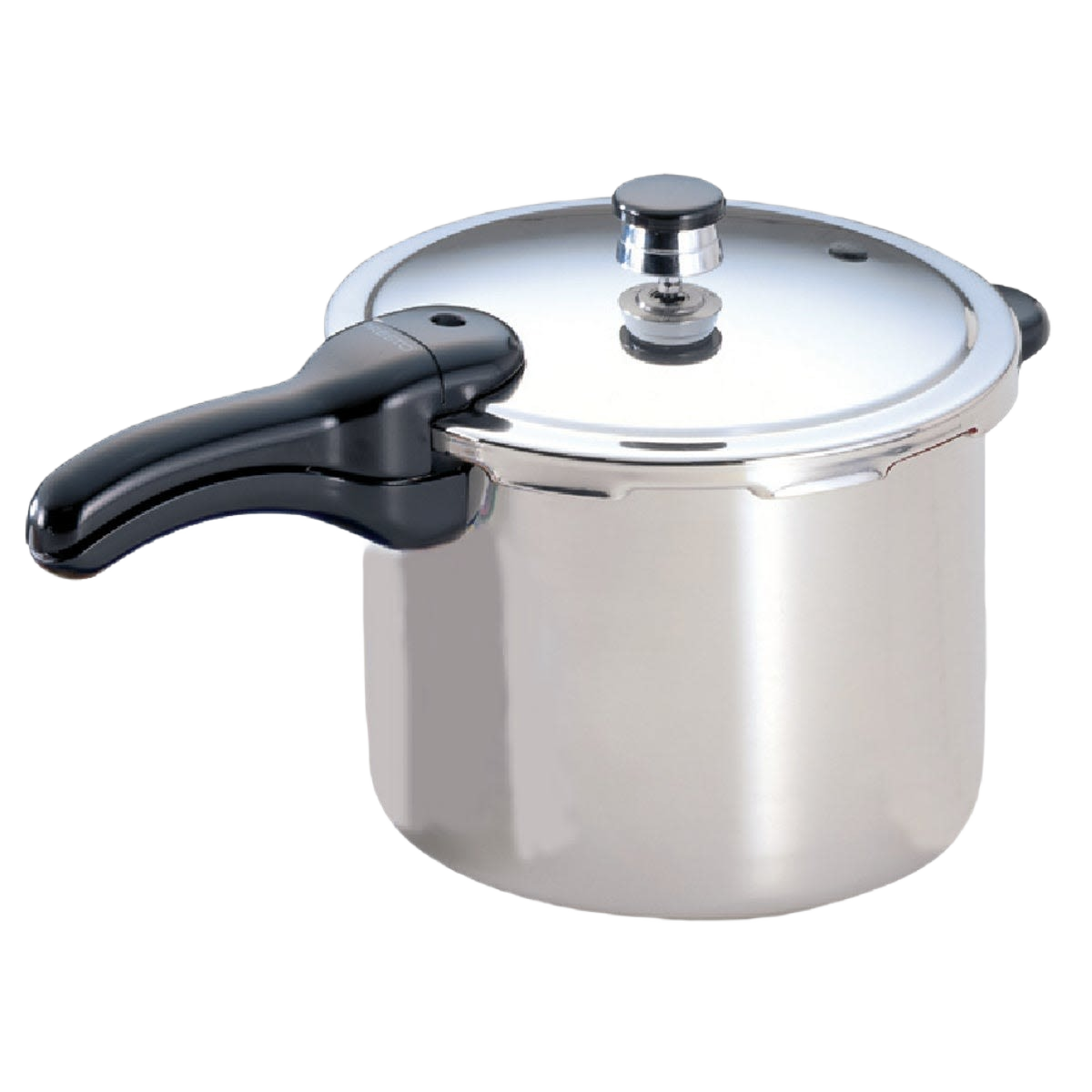 Stainless steel pressure cooker with a glossy finish and ergonomic black handle, designed for efficient cooking in Kitchen & Food, Cookware, Pots and Pans, Best Sellers, and Promo Eligible collections.
