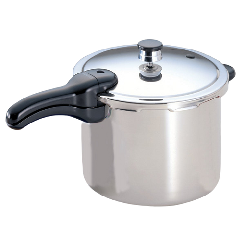 Stainless steel pressure cooker with a glossy finish and ergonomic black handle, designed for efficient cooking in Kitchen & Food, Cookware, Pots and Pans, Best Sellers, and Promo Eligible collections.