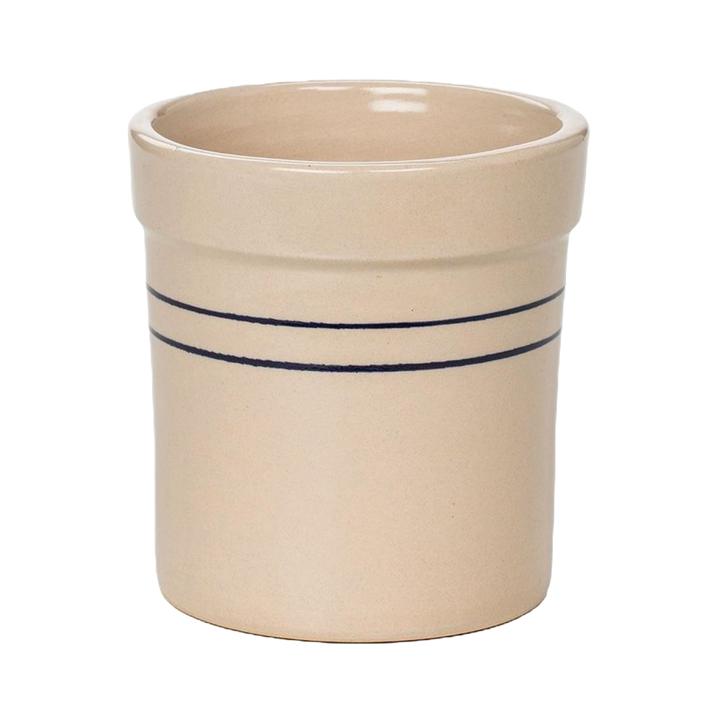Handmade stoneware crock with natural finish and double blue stripes, crafted in USA for kitchen use, food preservation, and fermenting, part of Best Sellers collection.