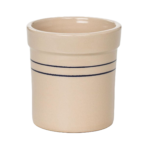 Handmade stoneware crock with natural finish and double blue stripes, crafted in USA for kitchen use, food preservation, and fermenting, part of Best Sellers collection.