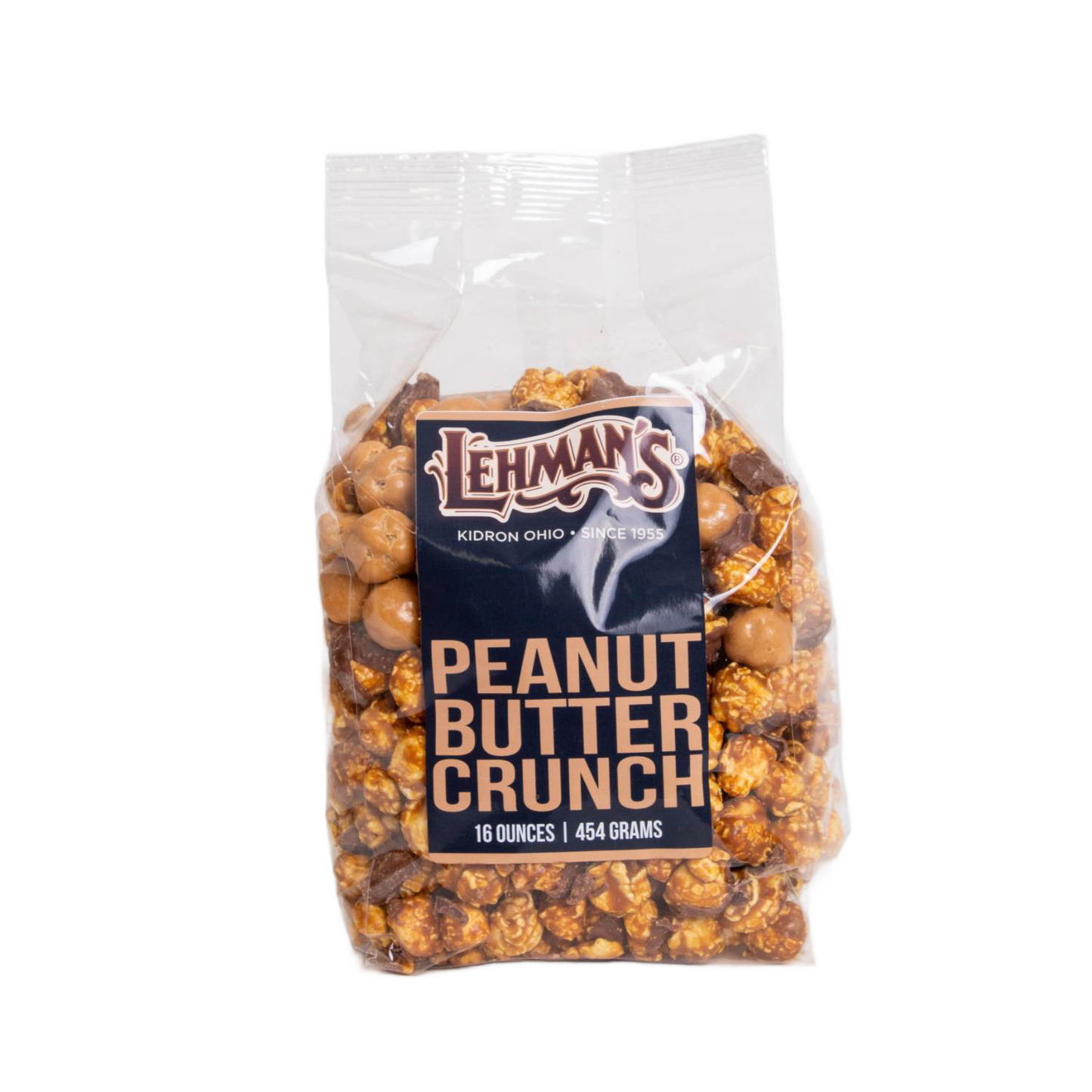 Clear bag of Lehman's handcrafted peanut butter crunch popcorn, a rich and sweet treat made in USA, featured in Kitchen & Food, Snacks and Sweets, Popcorn, and Best Sellers collections.
