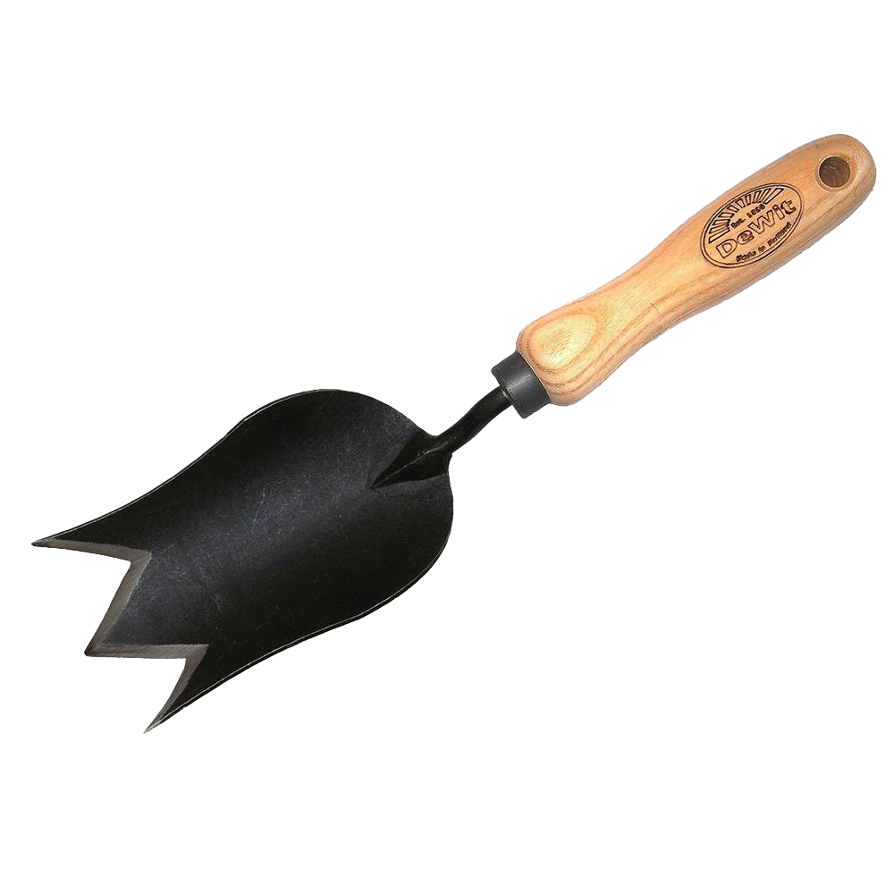 Handcrafted forged tulip-shaped garden trowel with wooden handle, designed for tough soil and clay, featured in Farm, Garden & Tool and Digging and Cultivating collections.