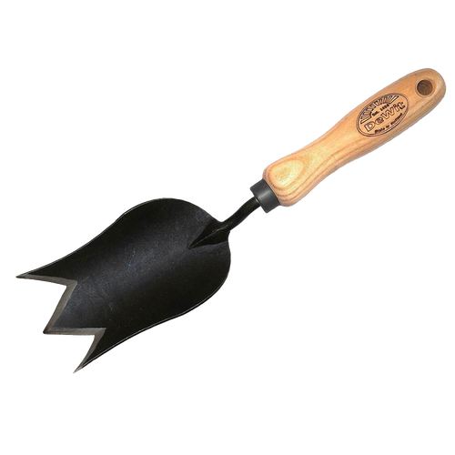 Handcrafted forged tulip-shaped garden trowel with wooden handle, designed for tough soil and clay, featured in Farm, Garden & Tool and Digging and Cultivating collections.