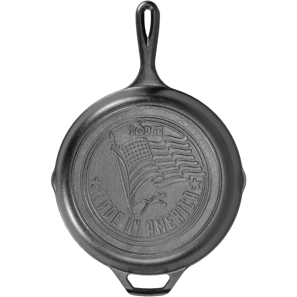 Handcrafted cast iron skillet with embossed American flag and "Made in America" text, featuring unmatched heat retention, perfect for Kitchen & Food, Cookware, Cast Iron, USA Made collections.