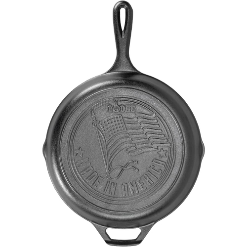 Handcrafted cast iron skillet with embossed American flag and "Made in America" text, featuring unmatched heat retention, perfect for Kitchen & Food, Cookware, Cast Iron, USA Made collections.