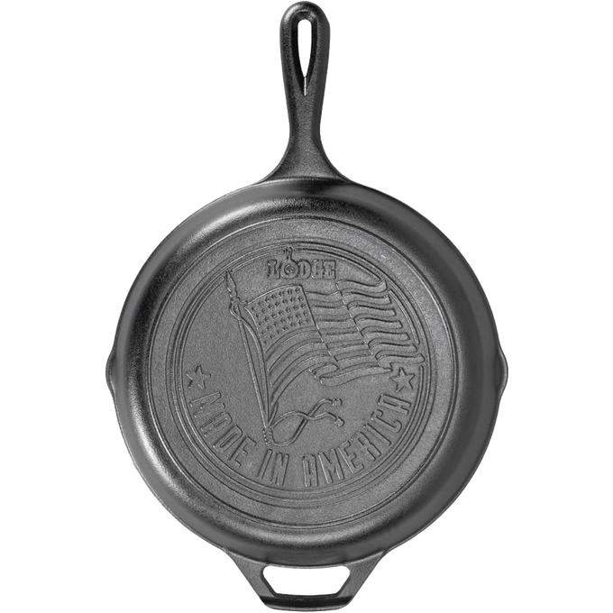 Handcrafted cast iron skillet with embossed American flag and "Made in America" text, featuring unmatched heat retention, perfect for Kitchen & Food, Cookware, Cast Iron, USA Made collections.