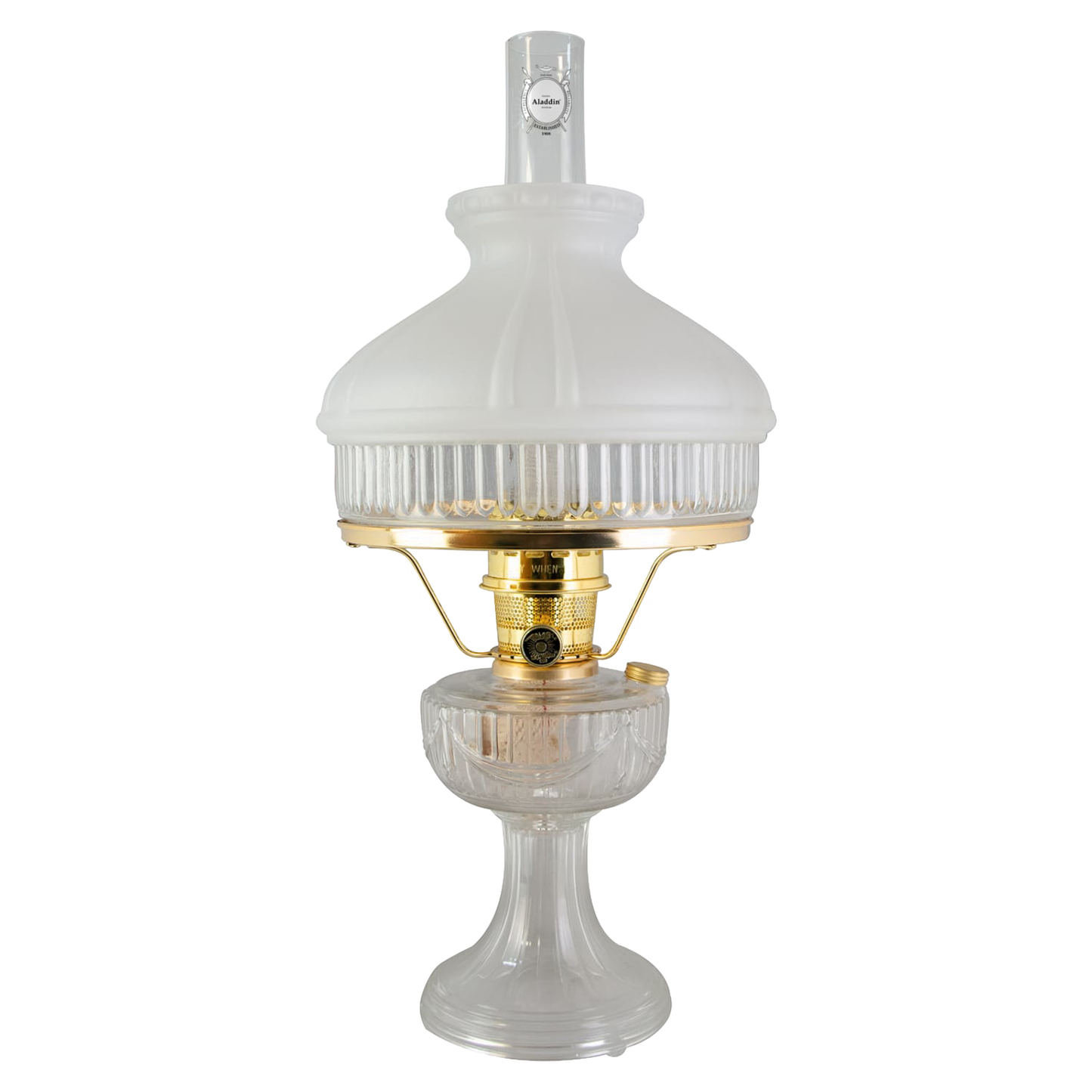 Handcrafted Aladdin Lincoln Drape oil lamp with frosted white glass top shade, clear glass base, and brass burner, perfect for Farm, Garden & Tool, Lamps & Lighting, Emergency Supplies, Oil Lamps, Table Lamps, Best Sellers, and Promo Eligible collections.
