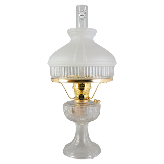 Handcrafted Aladdin Lincoln Drape oil lamp with frosted white glass top shade, clear glass base, and brass burner, perfect for Farm, Garden & Tool, Lamps & Lighting, Emergency Supplies, Oil Lamps, Table Lamps, Best Sellers, and Promo Eligible collections.