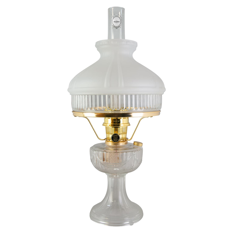 Handcrafted Aladdin Lincoln Drape oil lamp with frosted white glass top shade, clear glass base, and brass burner, perfect for Farm, Garden & Tool, Lamps & Lighting, Emergency Supplies, Oil Lamps, Table Lamps, Best Sellers, and Promo Eligible collections.
