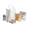 Plastic bucket with lid and metal handle alongside wooden spoon, metal grater, measuring cup, bar soaps, washing soda, and borax for making homemade laundry soap, handcrafted in the USA, suited for home and homesteading uses.