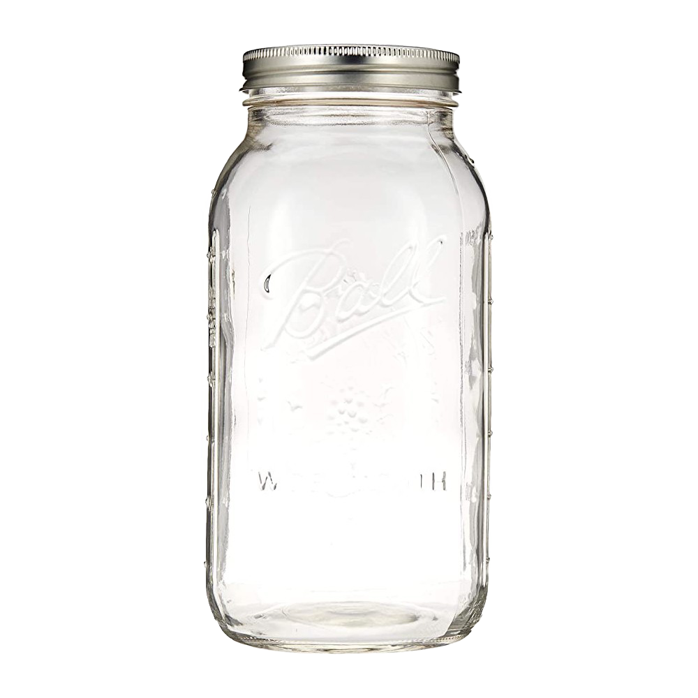 Clear wide-mouth half-gallon glass jar with metal lid and band, made in USA, ideal for kitchen food preservation, canning, crafts, and part of best sellers and canning collections.