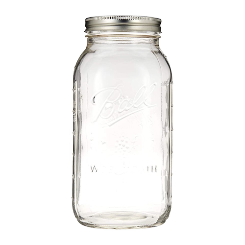 Clear wide-mouth half-gallon glass jar with metal lid and band, made in USA, ideal for kitchen food preservation, canning, crafts, and part of best sellers and canning collections.