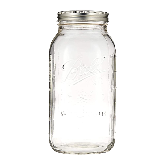 Clear wide-mouth half-gallon glass jar with metal lid and band, made in USA, ideal for kitchen food preservation, canning, crafts, and part of best sellers and canning collections.