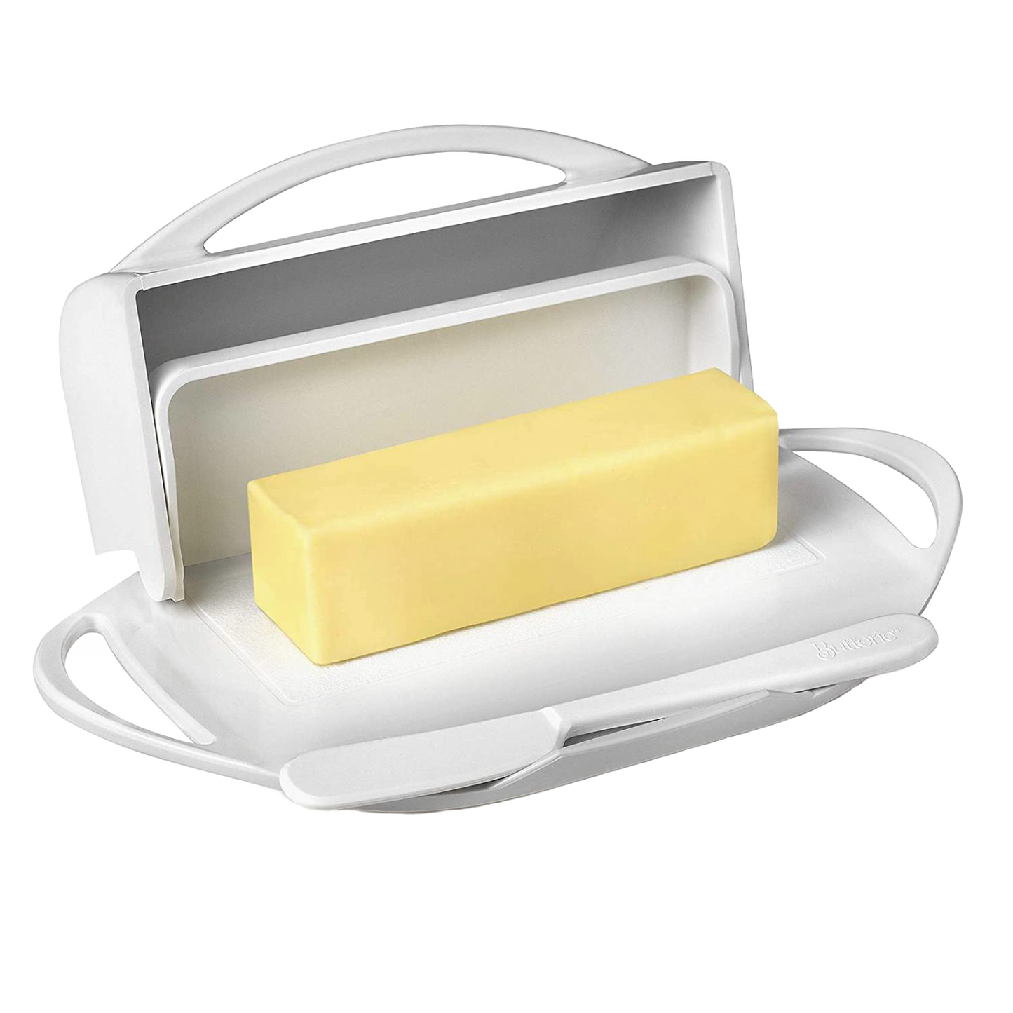 White flip-top butter dish holding a rectangular stick of butter with a matching spreader resting in a molded cradle, designed for neat, mess-free use in Kitchen & Food and Kitchen Gadgets collections.