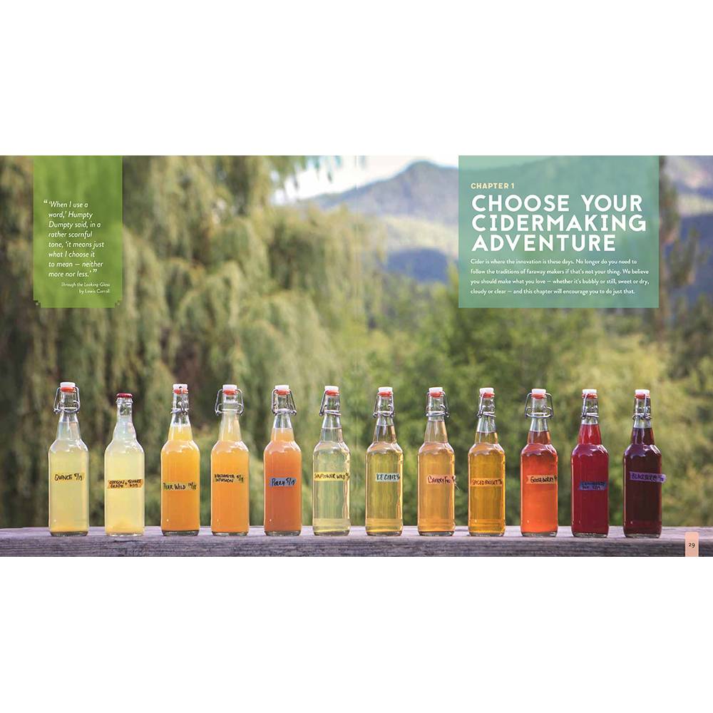 Row of clear glass bottles filled with varying shades of homemade hard cider from pale yellow to deep red, displayed outdoors against a natural blurred background, featured in a best-selling how-to book collection.
