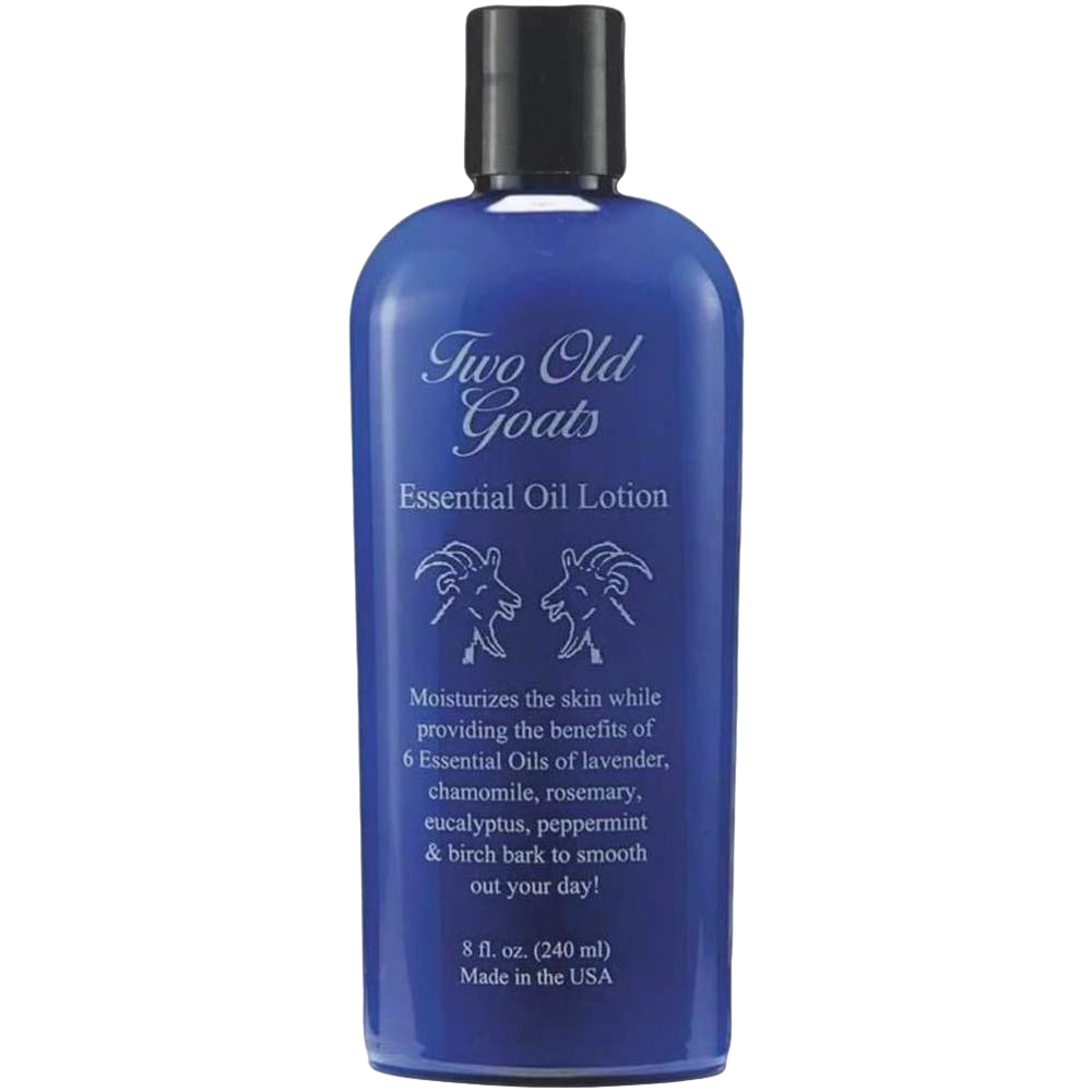 Blue 8oz bottle of Two Old Goats Essential Oil Lotion made in USA, moisturizing with six essential oils for soothing skin, ideal for Health & Wellness and Balms, Creams and Lotions collections.