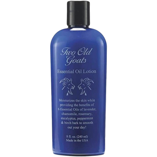 Blue 8oz bottle of Two Old Goats Essential Oil Lotion made in USA, moisturizing with six essential oils for soothing skin, ideal for Health & Wellness and Balms, Creams and Lotions collections.
