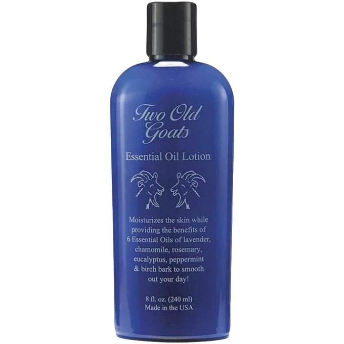 Blue 8oz bottle of Two Old Goats Essential Oil Lotion made in USA, moisturizing with six essential oils for soothing skin, ideal for Health & Wellness and Balms, Creams and Lotions collections.