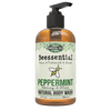 Amber bottle of peppermint-scented natural body wash with honey and aloe, pump dispenser, handcrafted and made in the USA, featured in Health & Wellness, Soaps, and Best Sellers collections.