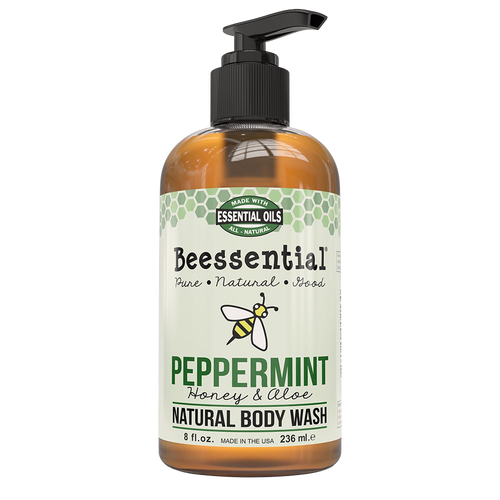 Amber bottle of peppermint-scented natural body wash with honey and aloe, pump dispenser, handcrafted and made in the USA, featured in Health & Wellness, Soaps, and Best Sellers collections.