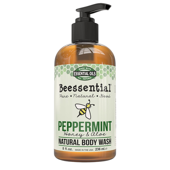 Amber bottle of peppermint-scented natural body wash with honey and aloe, pump dispenser, handcrafted and made in the USA, featured in Health & Wellness, Soaps, and Best Sellers collections.