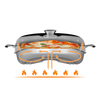 Cross-section illustration of a round stainless steel baking tray inside a camping oven with arrows showing heat circulation and airflow for even cooking over an open flame, suitable for Farm, Garden & Tool and Camping collections.