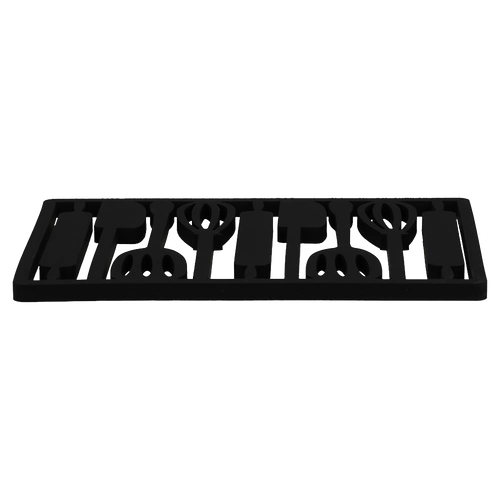 Black rectangular silicone trivet featuring cutouts shaped like various kitchen utensils, designed to protect countertops and tables, perfect for Kitchen & Food and Dinnerware collections.