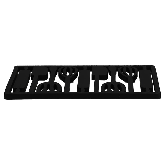 Black rectangular silicone trivet featuring cutouts shaped like various kitchen utensils, designed to protect countertops and tables, perfect for Kitchen & Food and Dinnerware collections.