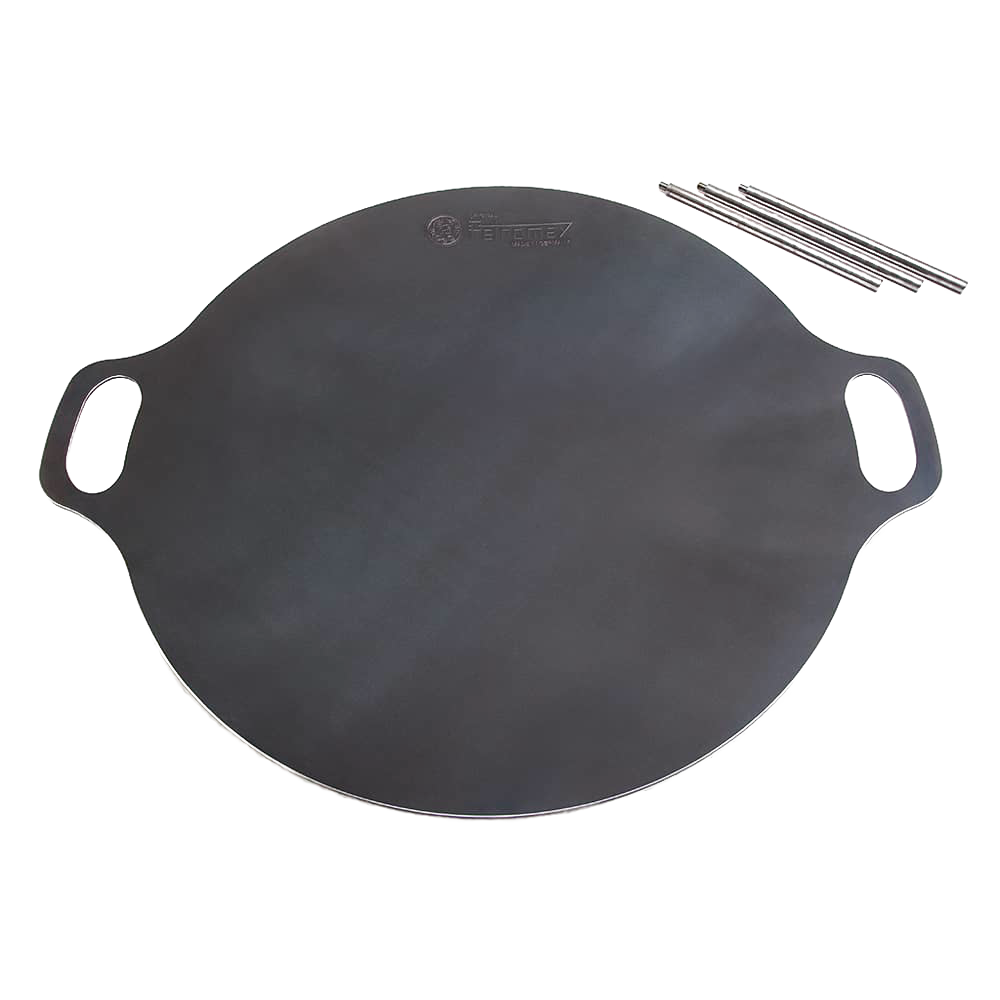 Round heavy-duty steel griddle with integrated handles and detachable legs, suitable for camping and outdoor cooking, featured in Farm, Garden & Tool, Best Sellers, and Promo collections.