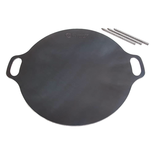 Round heavy-duty steel griddle with integrated handles and detachable legs, suitable for camping and outdoor cooking, featured in Farm, Garden & Tool, Best Sellers, and Promo collections.