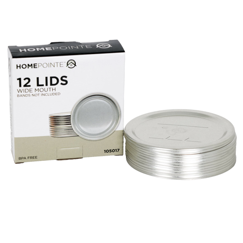 Stack of 12 silver wide-mouth canning lids with BPA-free sealing compound, displayed next to their white and black box, suitable for Kitchen & Food, Food Preservation, Canning, and Best Sellers collections.