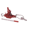 Heavy-duty red iron puller featuring 5/16" steel gears, an iron ratchet mechanism, and a detachable lever, designed for farm and garden use and handcrafted in USA.