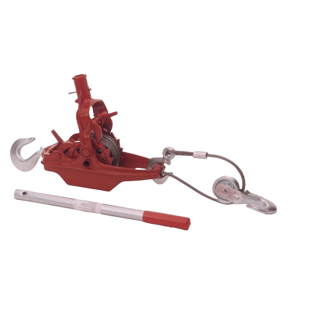 Heavy-duty red iron puller featuring 5/16" steel gears, an iron ratchet mechanism, and a detachable lever, designed for farm and garden use and handcrafted in USA.