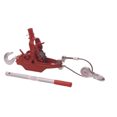 Heavy-duty red iron puller featuring 5/16" steel gears, an iron ratchet mechanism, and a detachable lever, designed for farm and garden use and handcrafted in USA.