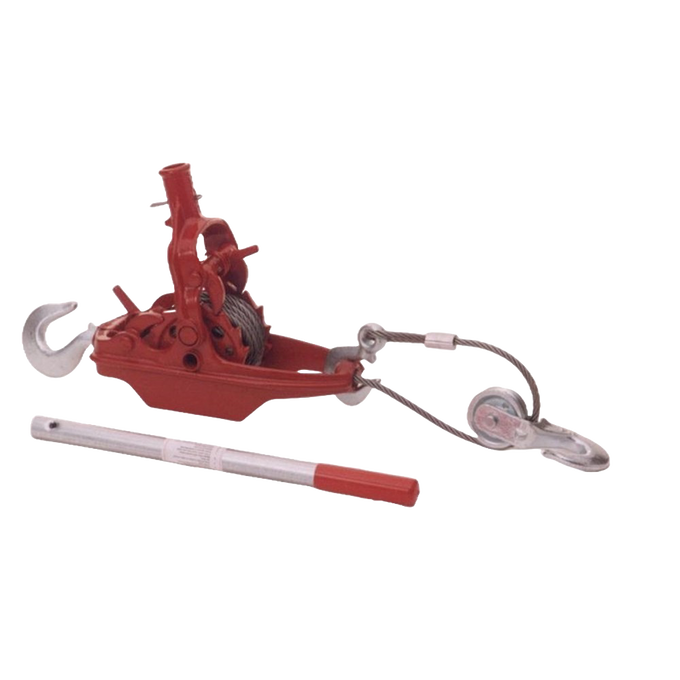 Heavy-duty red iron puller featuring 5/16" steel gears, an iron ratchet mechanism, and a detachable lever, designed for farm and garden use and handcrafted in USA.